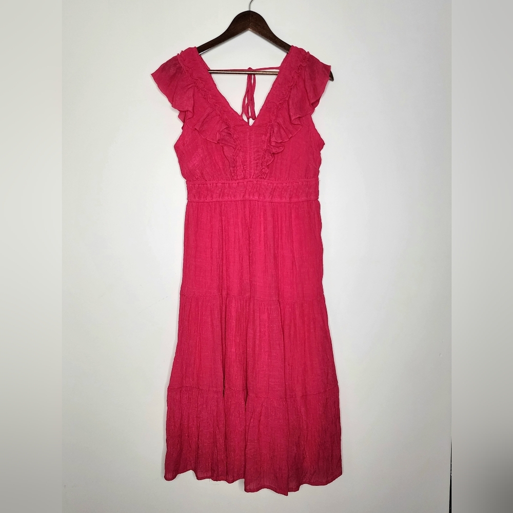 Indigo Rose Fuchsia Pink Ruffle Tank Tiered Gauzy Midi Dress Large Barbiecore